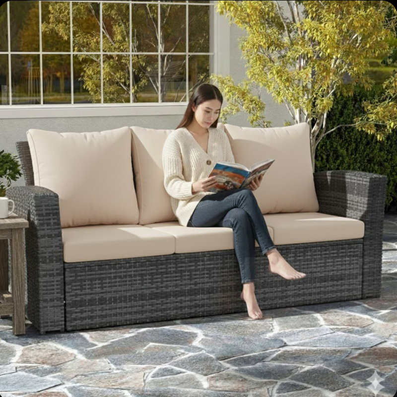Canapé d'extérieur rembourré 3 places avec coussins, Beige