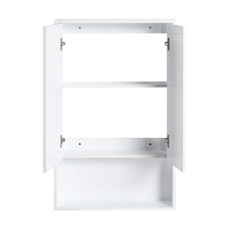 Armoire murale moderne de 24 po pour salle de bain, blanc lustré, charnières à fermeture douce, conception flottante et portes blanches élégantes, montées, convenant au rangement de la chambre à coucher
