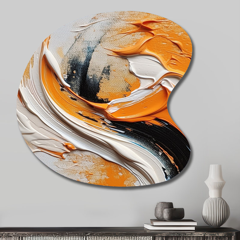 «Clarysse - Abstract Spirals», art mural asymétrique en métal pour le salon, reproduction d'art en métal de forme irrégulière orange