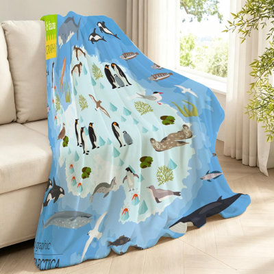 Jeté en flanelle bleue ultra douce, imprimé flanelle et carte animaux plats sur une face