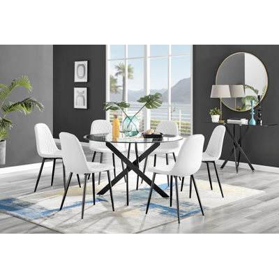 Tierra Modern Chrome Metal & Glass Round Dining Table Set with 6 Luxury Faux Leather Chairs
