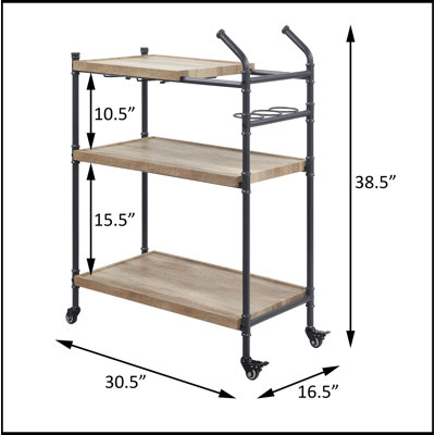 Industrial Oak and Sandy 2-Shelf Serving Cart with Stemware Racks and Lockable Wheels for Enhanced Mobility and Storage