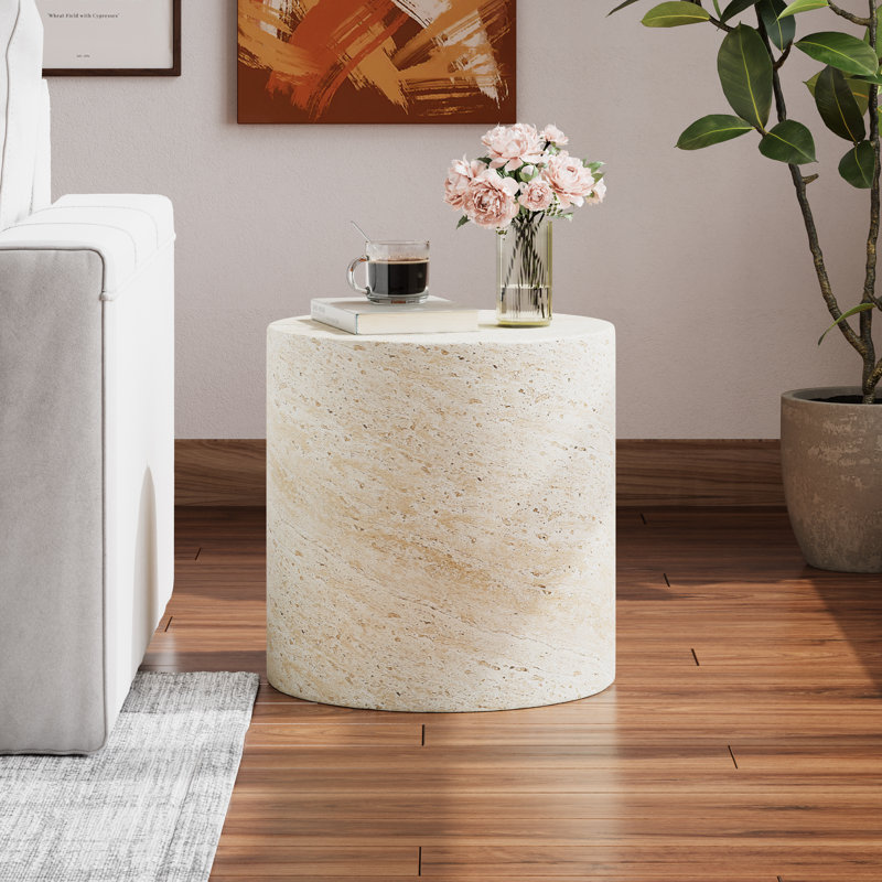 Table d'appoint d'extérieur en béton léger Belsy - Conception cylindrique lisse, Travertin