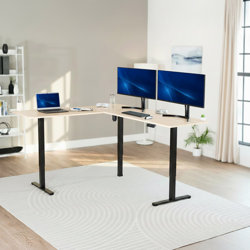 Adjustable Height Modular Steel Standing Desk, 74.8" W x 63" D, Light Wood/Black