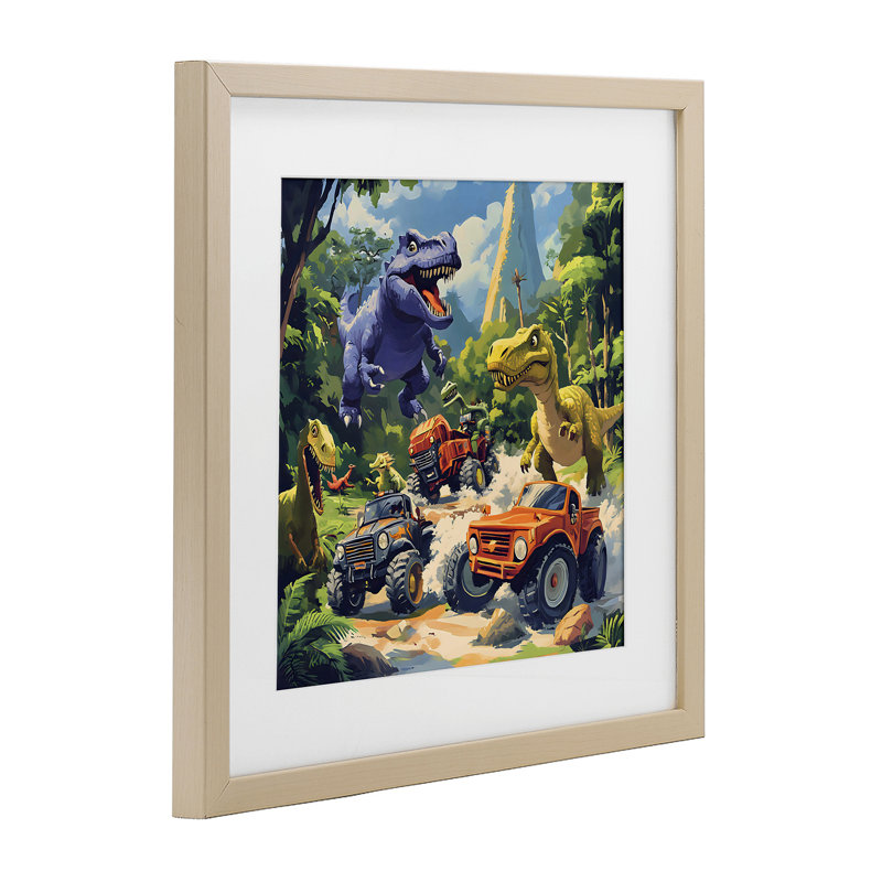 «Dinosaurs & Monster Truck», reproduction encadrée sous verre, design by Creative Studio, Cadre de récolte en pin