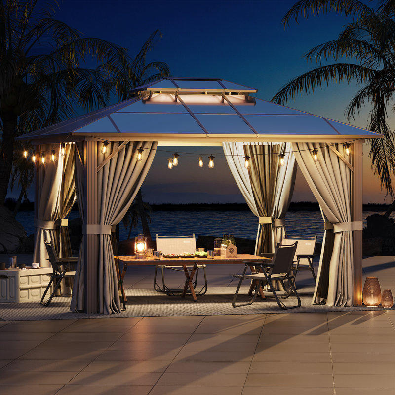 12 Ft. W x 10 Ft. D Outdoor Gazebo with Double Roof Canopy, Permanent Pavilion with Netting and Curtains for Lawn, Garden, Patio