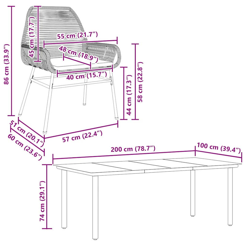 Patio Dining Set With Cushions Poly Rattan Glass, 29.1" H x 39.4" W x 78.7" L, 8, Black/Black