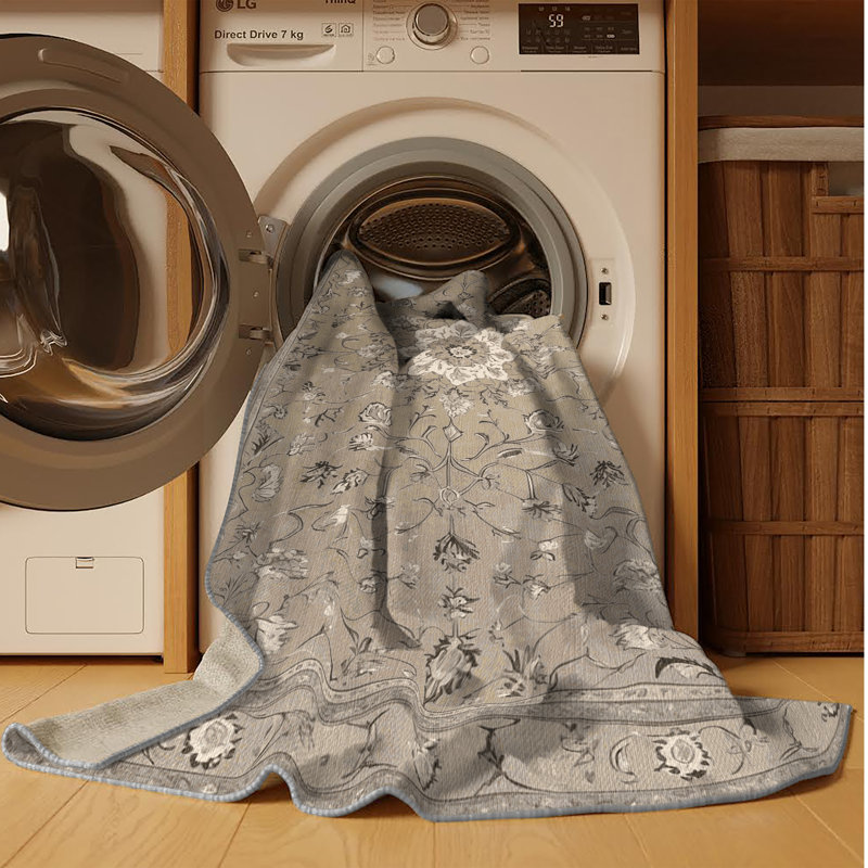 Machine Washable Tabriz Gray Area Rug, Rectangle 3' x 5'