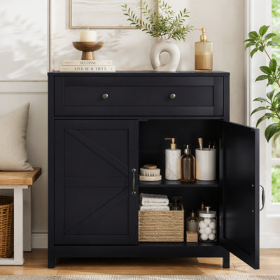 Buffet Farmhouse Kitchen - Armoire de rangement noire avec tiroir, tablette réglable et porte de grange pour la cuisine, la salle à manger ou le vestibule