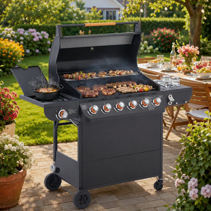 Barbecue au gaz propane autoportant avec 6 brûleurs principaux, brûleur latéral et chariot à roulettes