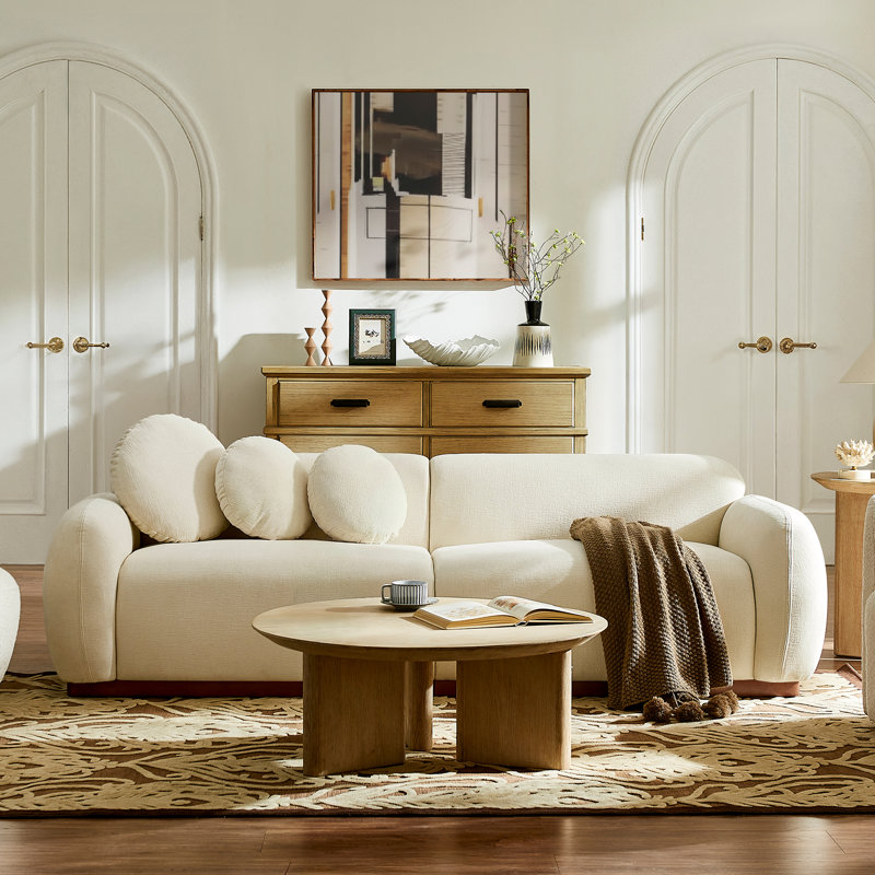 90" Upholstered Chenille Sofa with Rounded Silhouette, Accent Pillows and Solid Wood Base, Beige