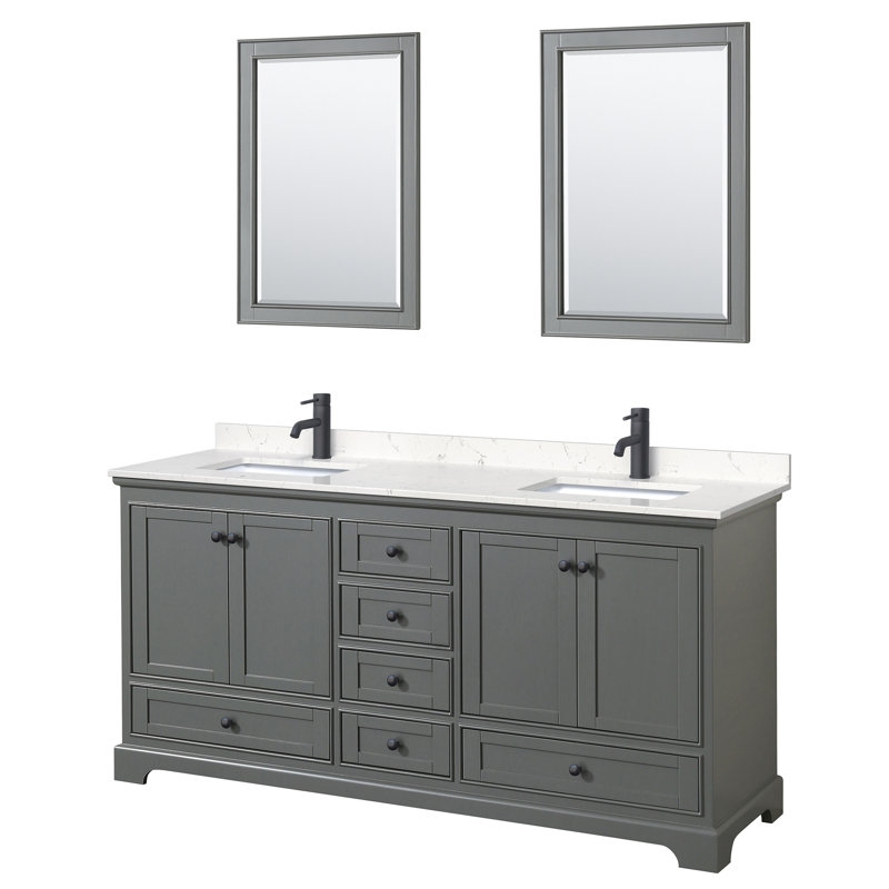 Ensemble de meuble-lavabo double 72 "avec miroir Deborah, Marbre de culture de Carrare, Gris foncé, Chrome poli