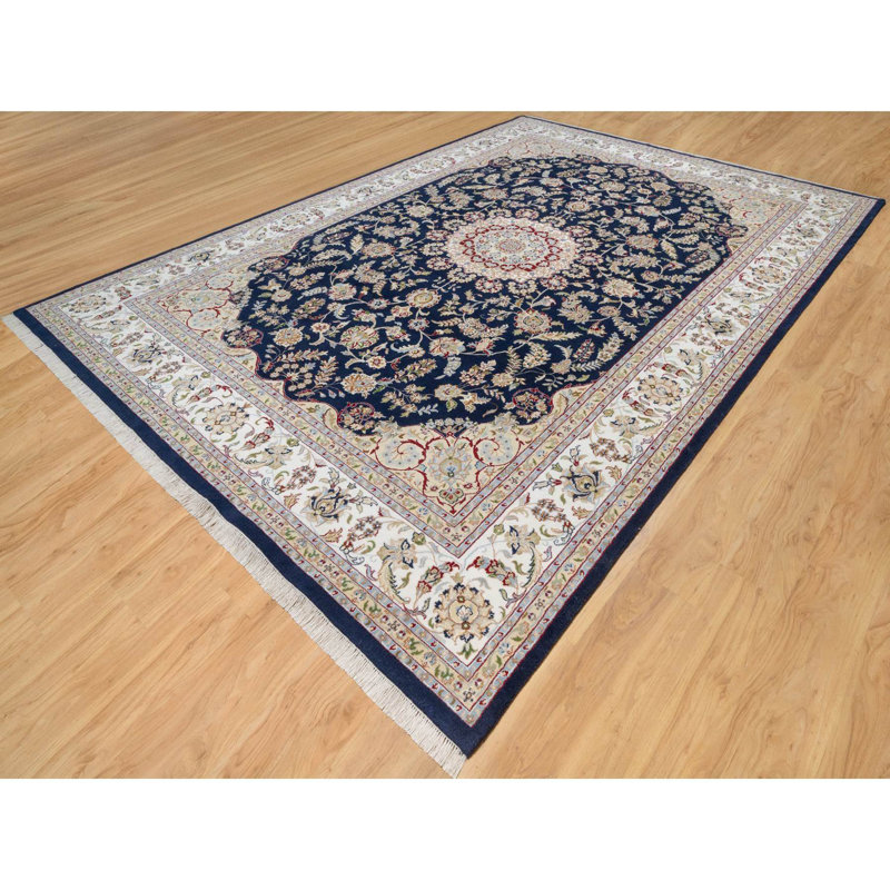Tapis en laine et soie bleu noué à la main 9 pi 8 po x 14 pi 1 po 9 K 8 po x 14 pi 1 po Nain