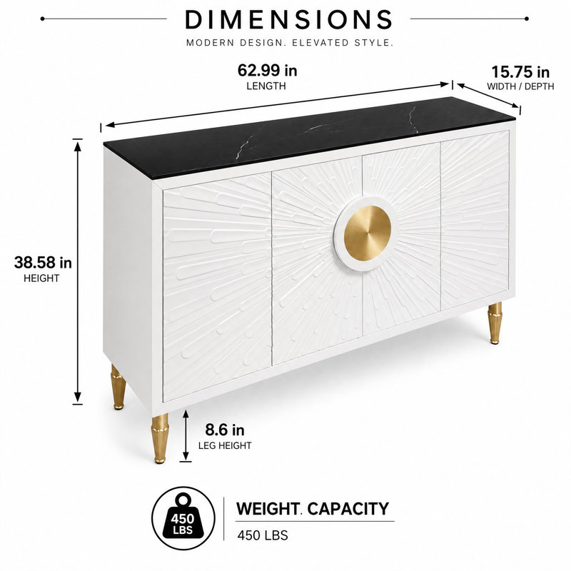 63'' Modern Sideboard Buffet Cabinet With Faux Marble Tabletop, Large Luxury Kitchen Sideboard Cabinet With 4 Door For Dining Room, Living Room, Hallway