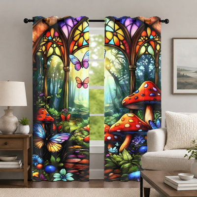 2Pcs Colorful Stained Glass Forest Curtains, Vibrant Butterfly and Mushroom Printed Drapes, Fantasy Garden Style Window Panel, Grommet Hanging Drapes for Bedroom Living Room Decor