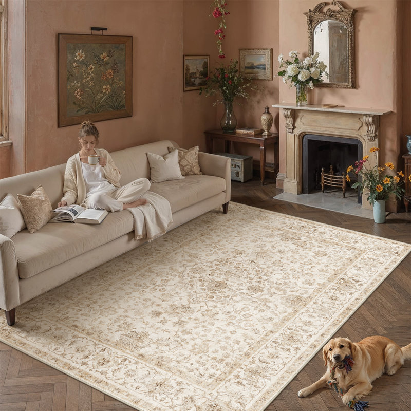 Tapis floral lavable à la machine avec envers antidérapant, Beige, Rectangle 10 pi x 12 pi