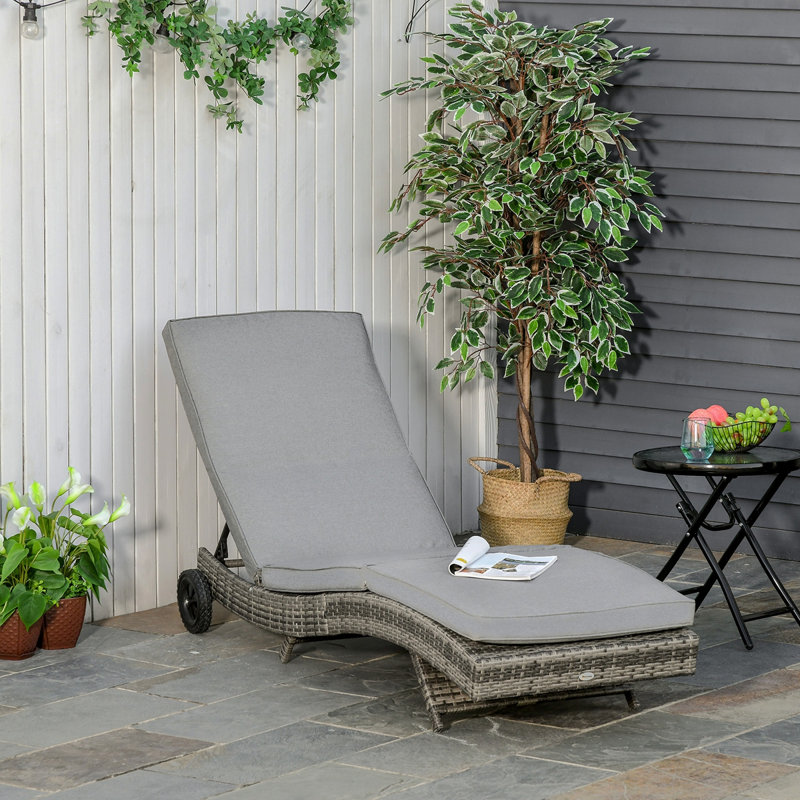 Outsunny Chaise Lounge Pool Chair, Outdoor PE Rattan Cushioned Patio Sun Lounger W/ 5-Level Adjustable Backrest & Wheels For Easy Movement, Wicker, Mixed Gray