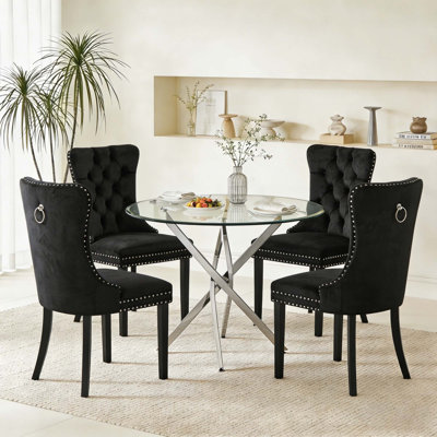 5-Piece Round Glass Table Set With Velvet Chairs – Metal Base, Seats 4