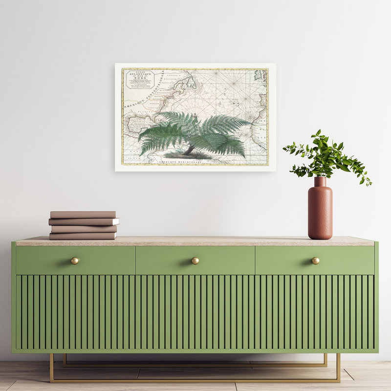 «Vintage Map Fern Botanical Abstract Retro Vintage Palm Tree Landscape Nature», reproduction d'art murale, 16" H x 24" W