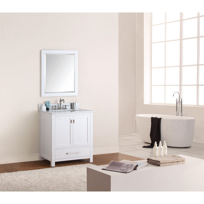Modero 30" Single Bathroom Vanity with Top, Carrera White Marble, White, Brushed Nickel
