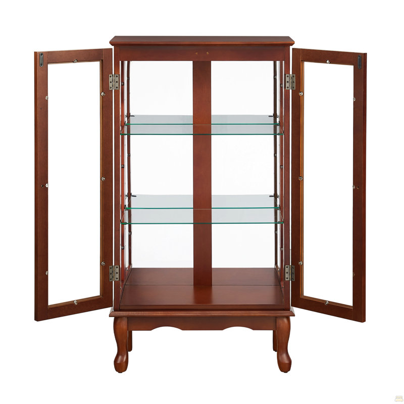 Cabinet Lighted Curio Diapaly Cabinet With Adjustable Shelves And Mirrored Back Panel, Walnut