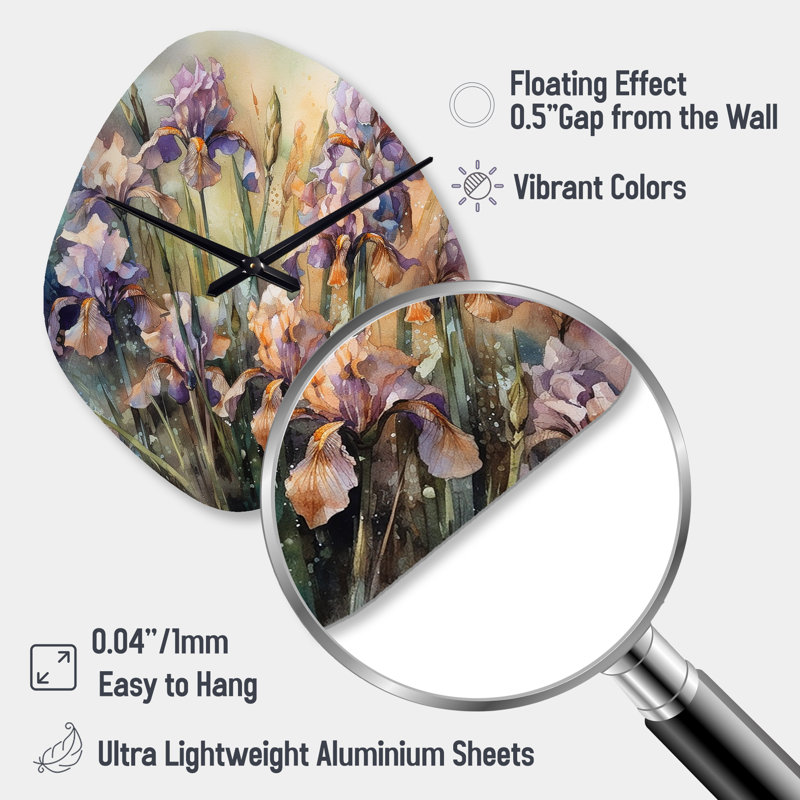 Horloge murale asymétrique mauve, Wild Iri S II - Irises, Grand