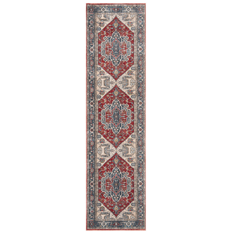 Tapis rouge / bleu Powe, Tapis de couloir 2 pi 2 po x 12 pi
