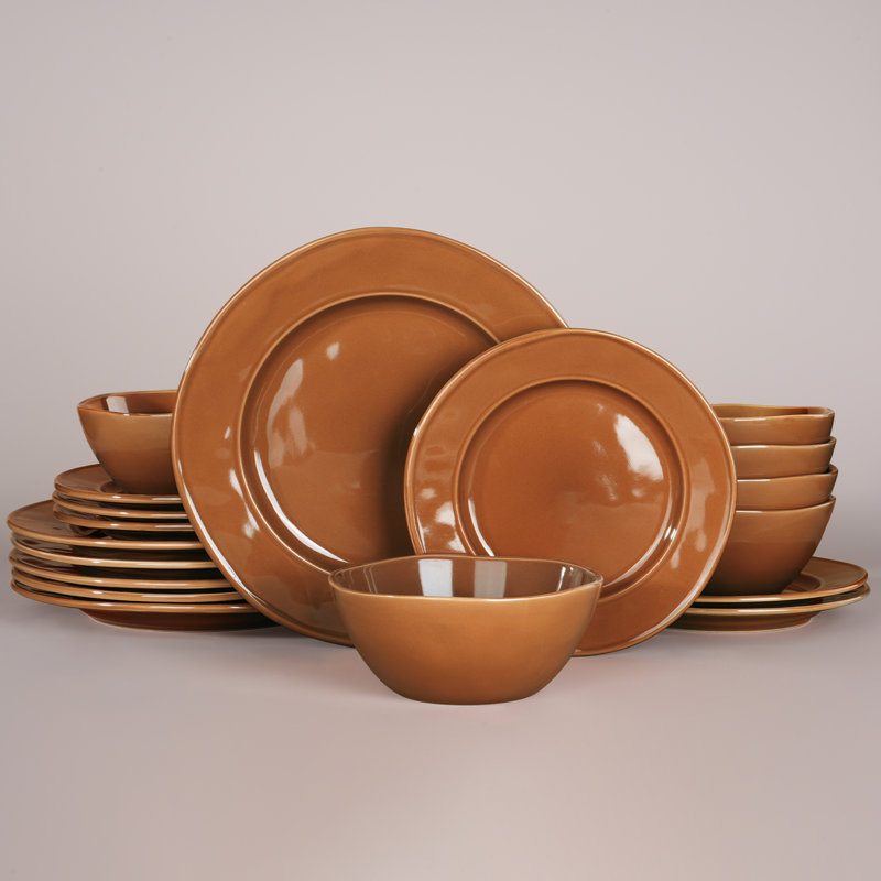 Ensemble de vaisselle 18 pièces en grès, assiettes et bols pour 6 18 pièces, Brun
