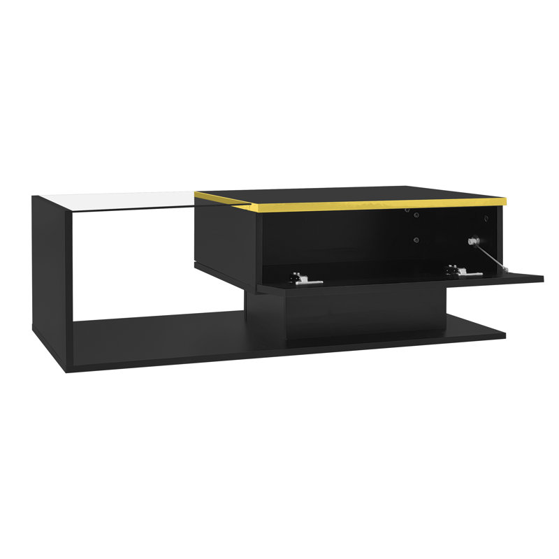Table basse de 39,4 pouces de long, très brillante. Tables d'appoint, tables basses avec verre et effet à DEL, Noir