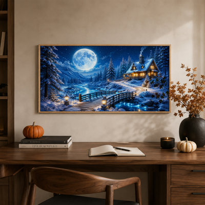 Cabane en bois rond enneigée avec pont en bois et grande toile bleue d'Halloween