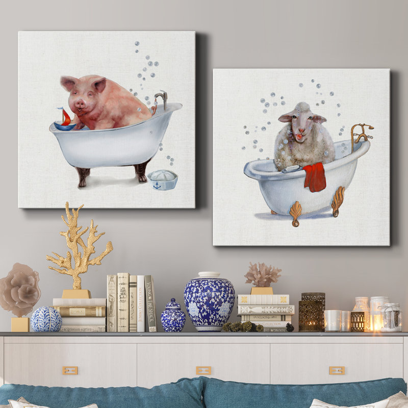 Farm Tub Pig - ensemble de 2 peintures, H 20 po x l 20 po x P 1 po, Toile tendue