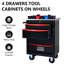 Chariot roulant 4 outils, rangement en métal pour atelier et garage, noir et rouge, plateau en acier inoxydable, glissières à roulement, roues de chariot 4 tiroirs avec freins, 4 tiroirs, unité de garage, toit, acier, freins, roulement lisse-2050434569
