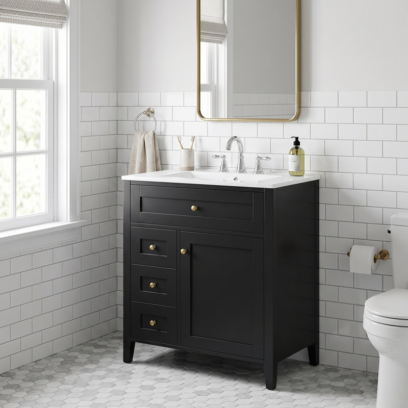 Meuble-lavabo autoportant de 76 cm (30 po) en MDF et bois d'hévéa noir avec lavabo, 3 tiroirs et tablette réglable., Noir