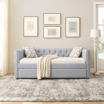 Daybed with Trundle Upholstered Tufted Sofa Bed, with Button and Copper Nail on Square Arms by Everly Quinn