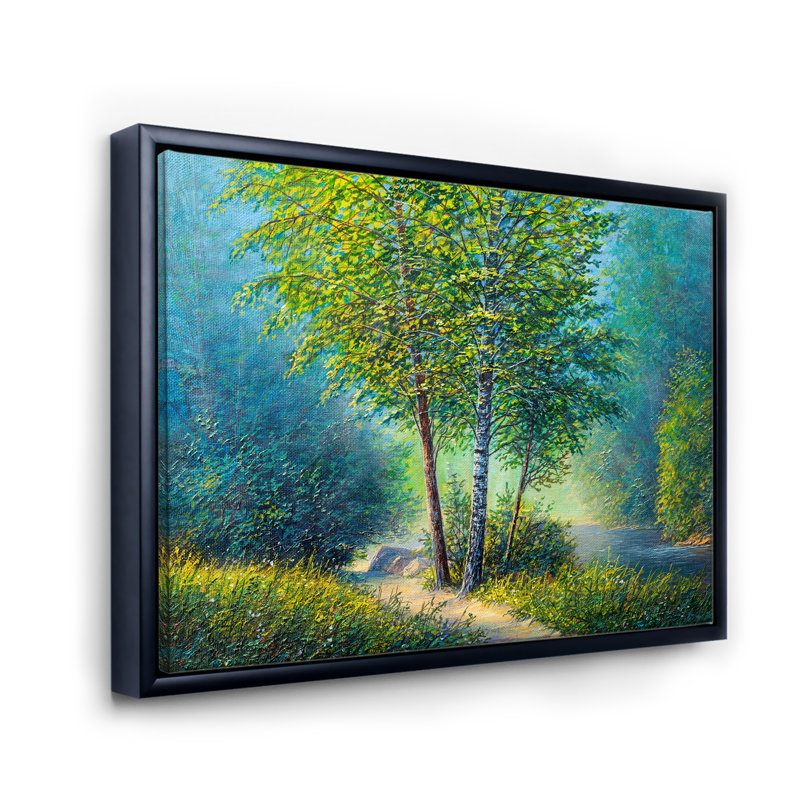 Three Vibrant Trees by the River - Peinture sur toile, H 16 po x l 32 po x p 1 po, Cadre flottant noir