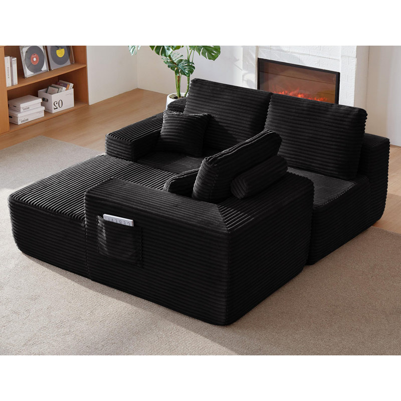 104" Cloud Sectional Sofa With Chaise And Side Pockets , Modern Modular Design, Deep Seating, Upholstered Couch For Living Room/Bedroom, No Assembly Required (Plush Fabric), Black,Right