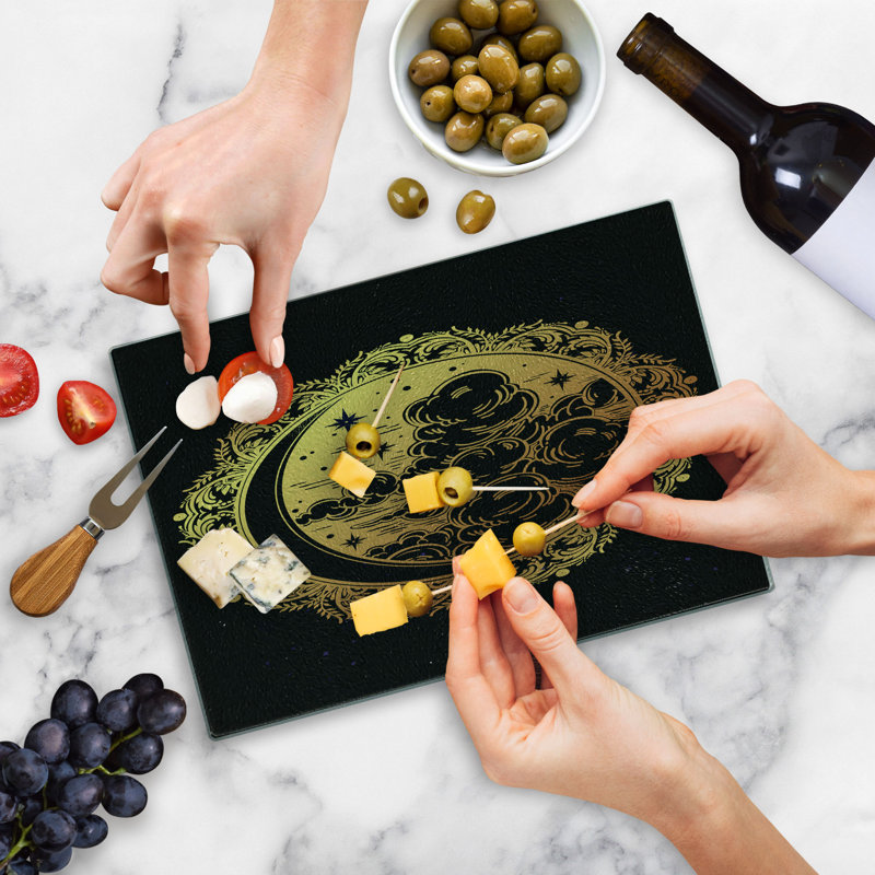 Ambesonne Tribal Tempered Glass Cutting Board Boho Night Crescent Moon Yellow and Black
