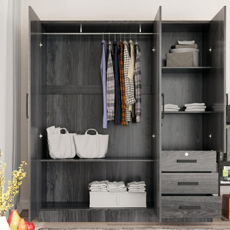 Penderie avec armoire à suspendre de 61 po de largeur avec 3 tiroirs et tablettes Garrity, Grain de bois gris