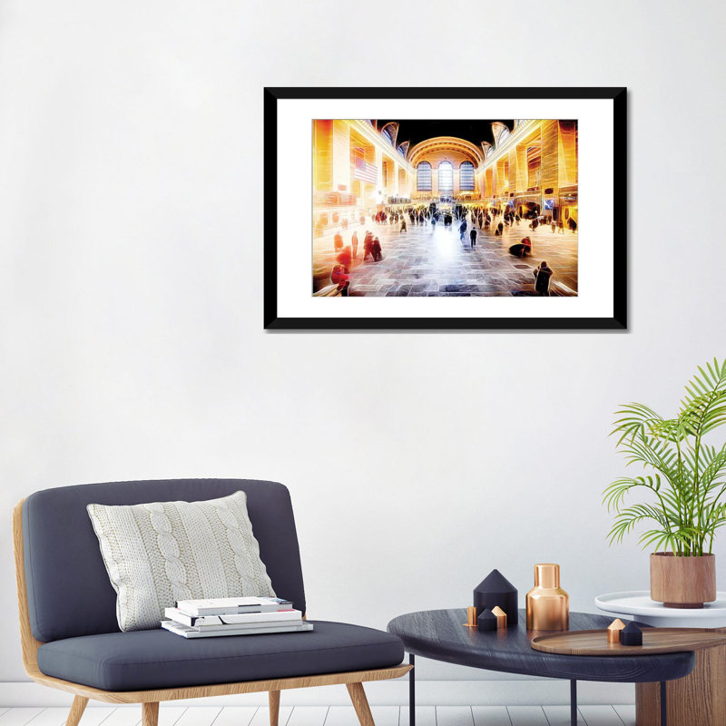 «Grand Central terminal» sur toile, H 24 po x l 32 po x P 1 po, Papier d'art encadré noir, Blanc