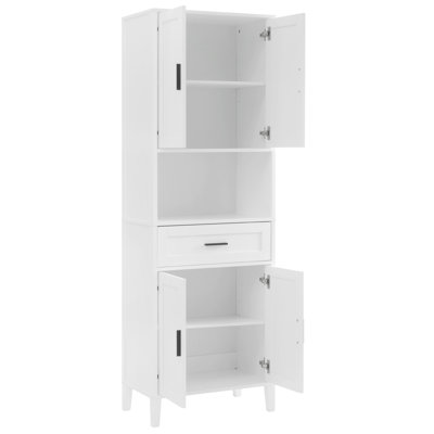 Élégante armoire de salle de bain haute autoportante avec tiroir, 2 armoires, 4 portes à fermeture douce et 2 tablettes réglables