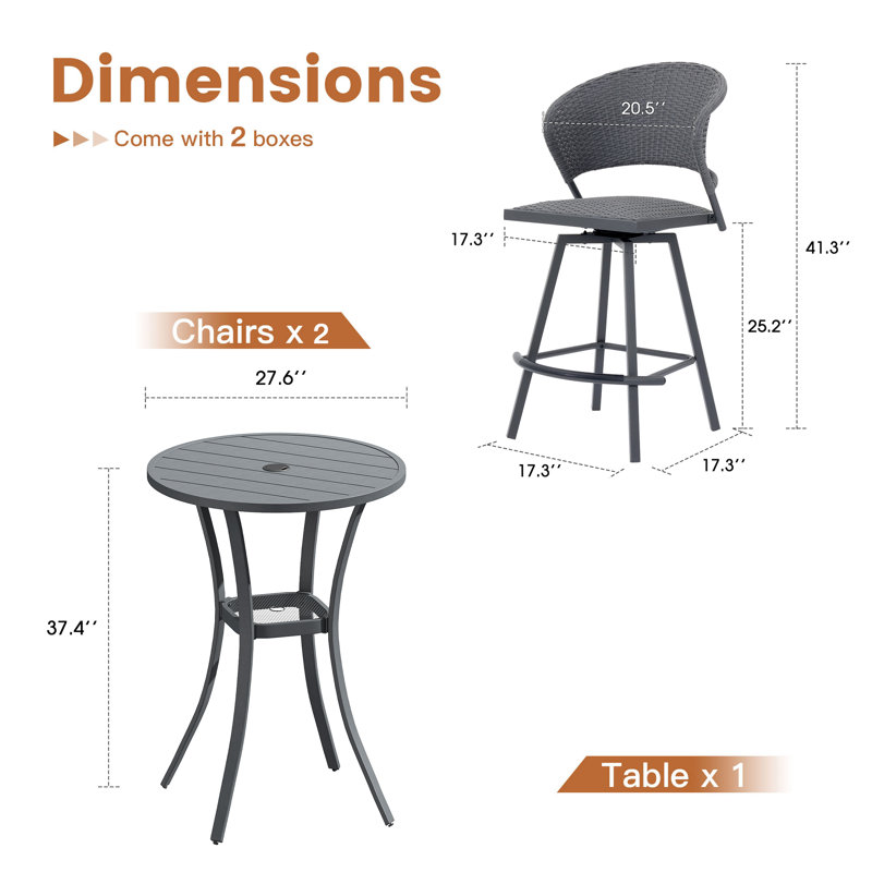 3-Piece Outdoor Bistro Set with Round Bar Table and Wicker Padded Swivel Bar Chairs, Gray/Gray