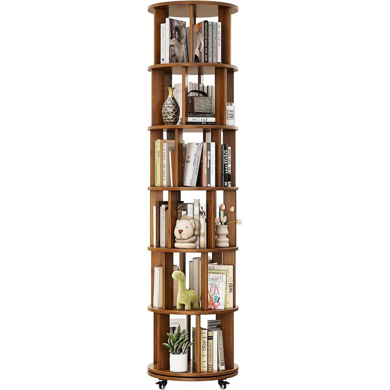 Tour de bibliothèque pivotante en bois massif avec roulettes verrouillables – Étagère d'exposition pivotante