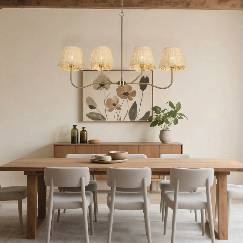 Luminaire suspendu pour îlot de cuisine 4 lumières en laiton poli 4 lumières avec abat-jour en rotin pour salle à manger 36 po