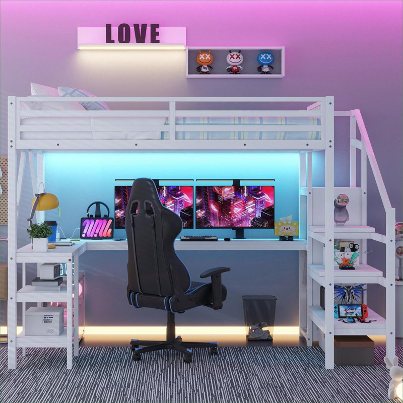 Lit mezzanine pleine grandeur peu encombrant, structure en métal blanc doux avec garde-robe intégrée et bureau en forme de L, idéal pour les adolescents et les chambres d'adultes