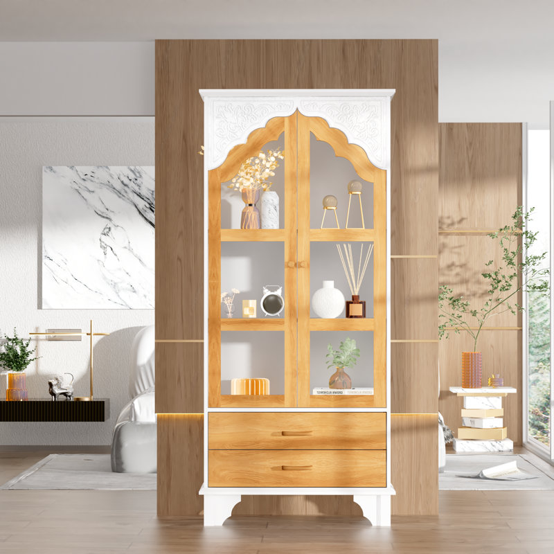Grande armoire de rangement arquée 70,86 po à 3 niveaux avec portes et tablettes en verre