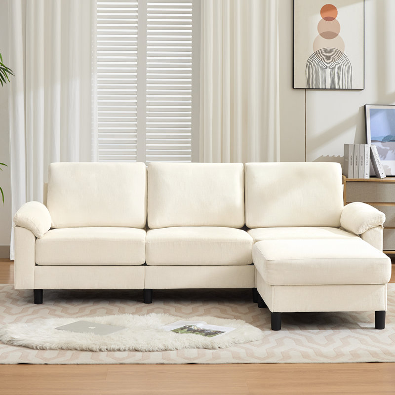 90" Wide L-Shaped Sofa Chenille Upholstered Sectional Sofa, 4 Seater Couch With Ottoman For Living Room, Beige Chenille