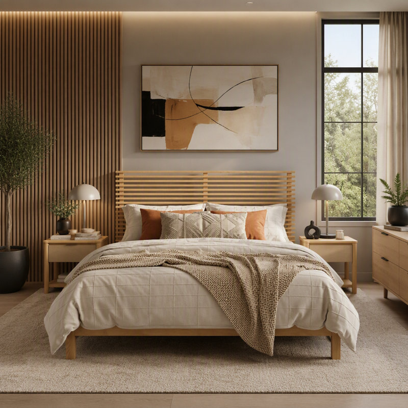 Cadre de lit plateforme haut de gamme en bois massif avec tête de lit à lattes horizontales, mobilier de chambre moderne en bois naturel