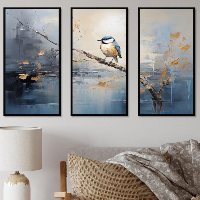 Art mural doré et bleu au printemps I - oiseau sur un arbre, Cadre flottant noir, H 28 po x l 36 po