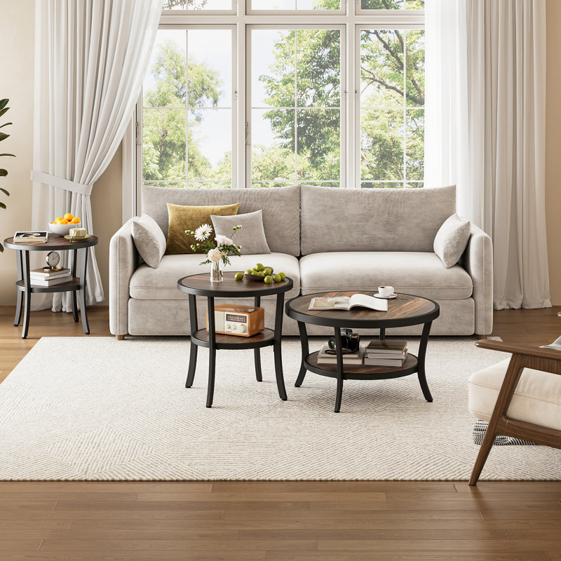3-Piece Rustic Industrial Living Room Table Set With 31.5" Round Coffee Table And Two 23.6" Round Side Tables