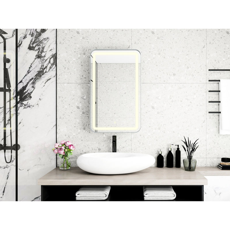 Armoire à pharmacie murale à miroir rectangulaire argentée, miroir de maquillage équipé à DEL, 3 variations de couleur, 2 tablettes amovibles en verre trempé, armoire de salle de bain avec lumières réglables, articles de toilette
